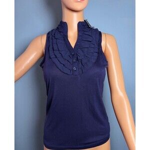 New The Limited Navy Ruffle Sleeveless Blouse XS NWT Button Front Top.